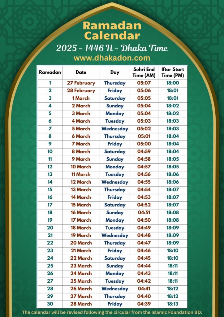 Ramadan Calendar 2025 Sehri Iftar Time in Bangladesh